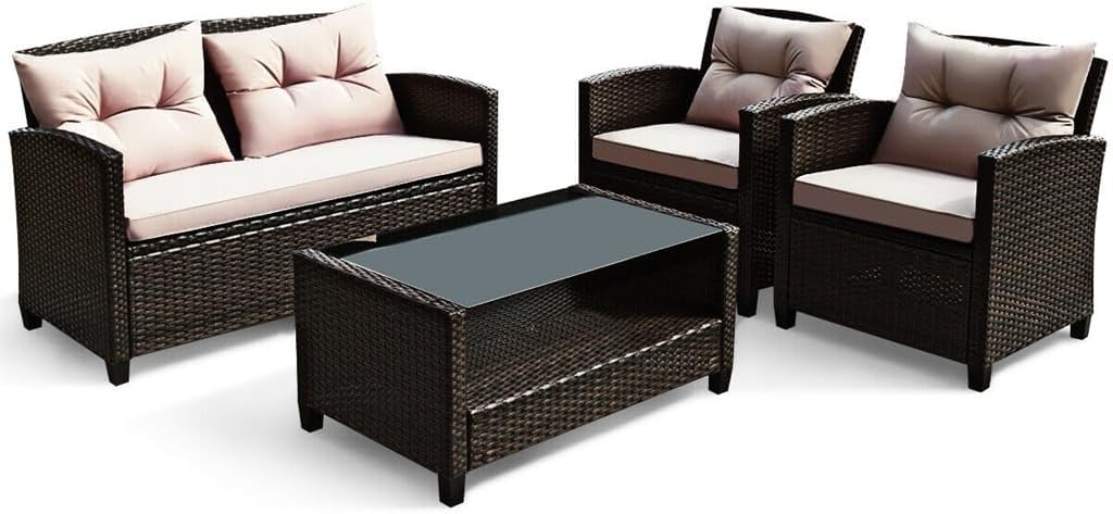4PCS Patio Rattan Furniture Set Cushioned Sofa Armrest Table W/Shelf