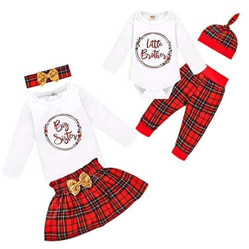 Baby Girl Boy Matching Clothes Christmas Big Sister Little Brother Tops Plaid Skirt Pants+Bow Headband 3pc Outfits(Big Sister 2,5-6 T)