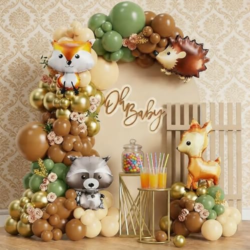 Woodland Animals Balloon Garland Arch Kit, 130pcs Woodland Themed Sage Green Brown Balloons Neutral Forest Animal Baby Shower Party Supplies