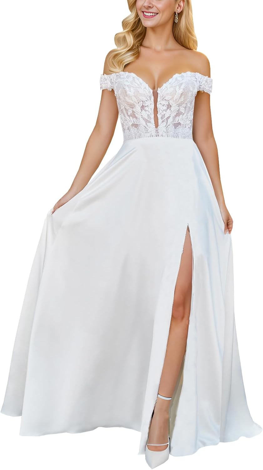 WIOJEIGO Women's Wedding Dresses Chiffon A-Line for Bride 2024 Lace Appliques Formal Long Bridal Dress