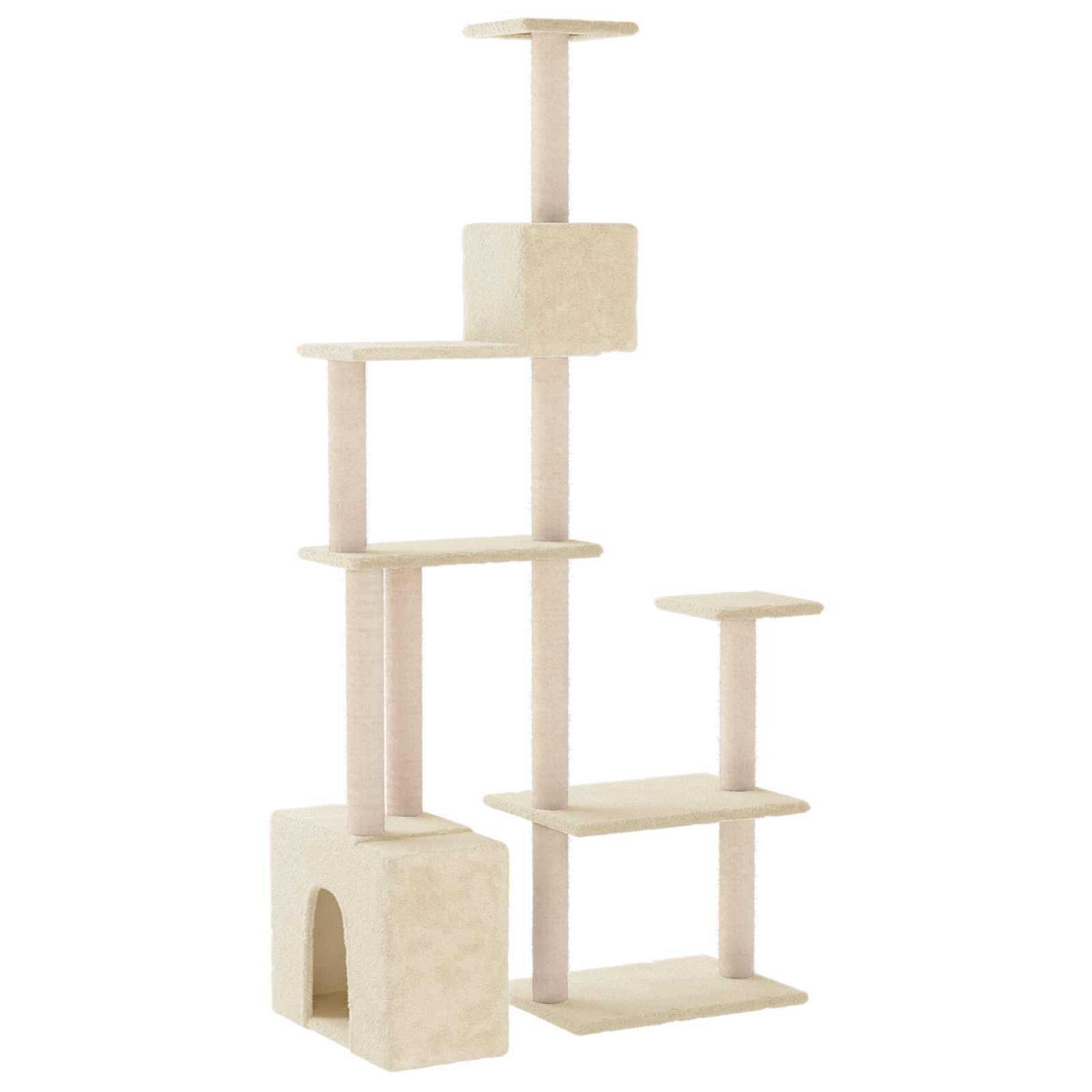 Kratzbaum Gross mit Sisal-Kratzsäulen & Katzenhöhle, XL Kletterbaum 177,5 cm hoch, Stabiler Deckenspanner-Alternative für Wohnung, cremefarben