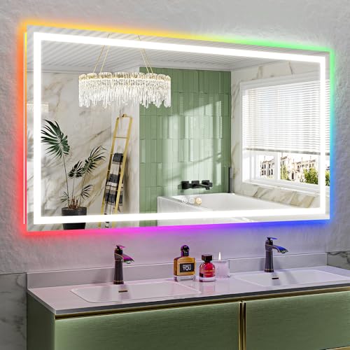 Image of 72x40 Inch RGB LED Bathroom Mirror Front Light and RGB Backlit Lighted Vanity Mirror for Bathroom Wall Mounted Dimmable Anti Fog Memory Shatter-Proof IP54 Waterproof Horizontal /Vertical