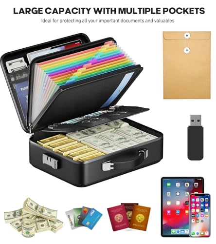 BigPonPon Fireproof Document Box, Hard Case Highly Flame-Resistant Fire Proof Waterproof File Organizer with Lock, Portable Fire Safe for Important Documents & Valuables Storage (Black, ‎15"*11"*5") - Thumbnail 6