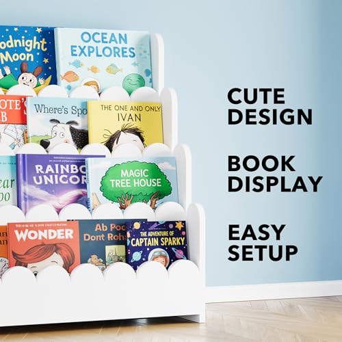 Image of SpaceAid 4-Tier Scalloped Bookshelf, Montessori Bookcase for Toddlers, Wooden Book Shelf Organizer Display Furniture for Kids Rooms, Playroom, Nursery and Classroom, 29.6 inch Wide, White