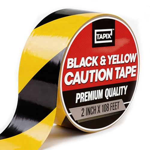 Tapix 2 Inch x 108 Feet Black & Yellow Tape Roll - Safety Stripe Waring Tape for Floor - Highly Adhesive Waterproof Hazard Tape for Floors, Walls, Staircase, Pipes, Equipment, Dangerous Area
