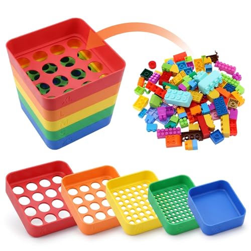 Rtteri 5 Pack Stackable Sorting Trays Colorful Plastic Small Parts Organizer with XS S M L XL Hole Sizes Quick Classification Art Trays for Craft Pieces Beads Hardware(Classic Rainbow)