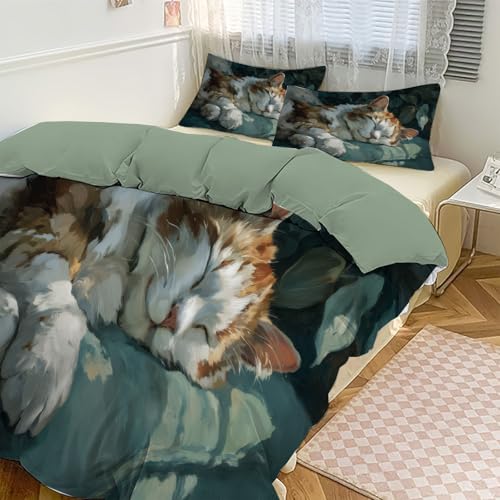 Juego De Ropa Cama 3 Piezas Microfibra Suave, Funda Nórdica para Cama 180 Incluido 1 Funda De Edredón, 2 Fundas Almohada (260 X 240 Cm, Estampado Gato Durmiendo Estilo Impresionista)