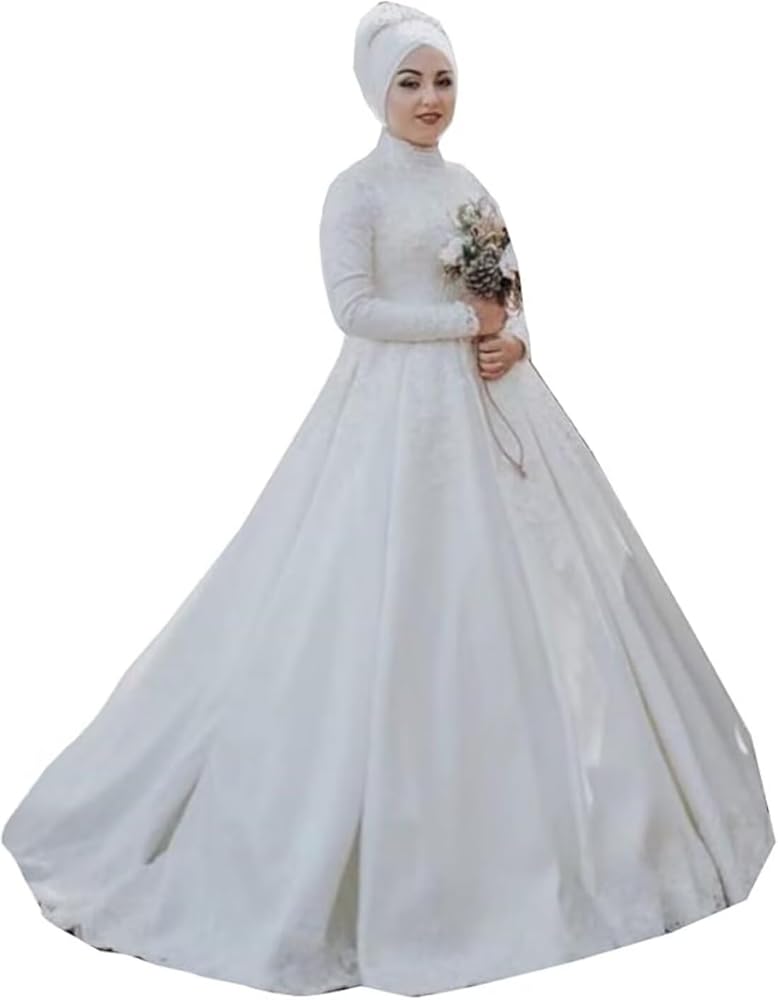 A-Line Muslim Arabic Bridal Ball Gowns with Train Long Sleeve Lace Wedding  Dresses for Women Bride Plus Size Ivory at Amazon Women's Clothing store