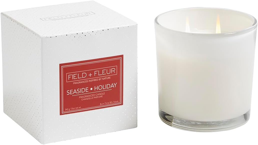 Field + Fleur by Hillhouse Naturals Seaside Holiday 2 Wick Candle in White Glass 12oz.