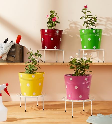 Image of Amazon Brand - Solimo Metal Flower Pot Stand (White, Set of 4, Round) | Gamla Stand for Home | Plant Stand for Balcony | Premium Flower Pot Stand | Plant Stand for Living Room