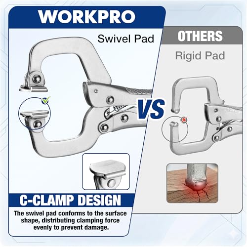 Image of WORKPRO 4-Piece 6 inch Locking C-Clamp with Swivel Pads Set, Heavy Duty Adjustable Vise Grip Pliers, 4 Pack Welding Clamp for Woodworking, Metalworking, Auto Repair and Home Workshop