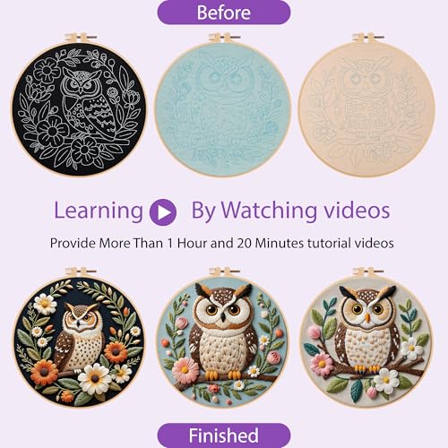 Image of Uniartfy 3 Sets Embroidery Kit for Beginners with Owl Flower Pattern, Hand Needlepoint Kits for Adults, Embroidery Starter Kits with Hoops, Step by Step Video & Instructions, DIY Cross Stitch Kit