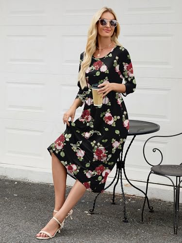 Image of Heymoments Women's Casual 3 /4 Sleeve Midi Dress Crewneck A Line Tiered Flowy Loose Travel Long Dresses with Pockets