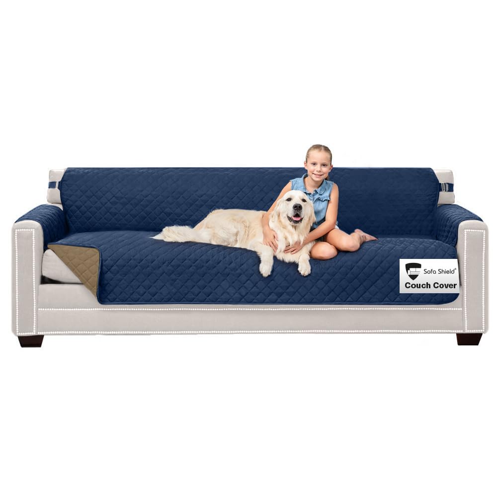 Sofa Shield Couch Slip Cover with Patented Strap, Large Cushion Protector, Reversible Stain and Dog Tear Resistant Slipcover, Quilted Microfiber 88” Seat, Washable Covers for Dogs Pets Kids, Navy Sand