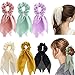 Elegant Scarfs hair scrunchies ribbon for Women Girls, 8 Pcs Double Layer Bow Scrunchies for Hair Cute Bunny Ear Hair Ties Scrunchies (6 Colors Solid Hair Ribbon Bow Scrunchies)