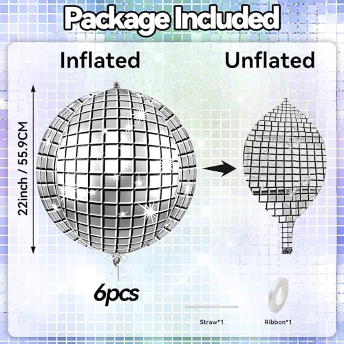 Image of 6pcs 22 Inch Silver Disco Ball Balloons, Silver Big Disco Balloons, 4d Large Foil Aluminum Balloon For Birthday Baby Shower 70s 80s 90s Theme Party Wedding Engagement Graduation New Year Decoration