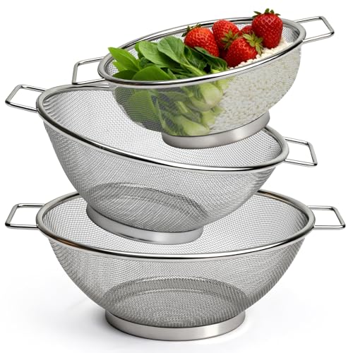 MOPUBZO Sieb 3er-Set aus Edelstahl Mikroperforiertes Küchensieb mit Griffen Abtropfsieb für Obst Gemüse Reis und Pasta Metall Sieb Ideal für Küche und Haushalt 18/22/24cm