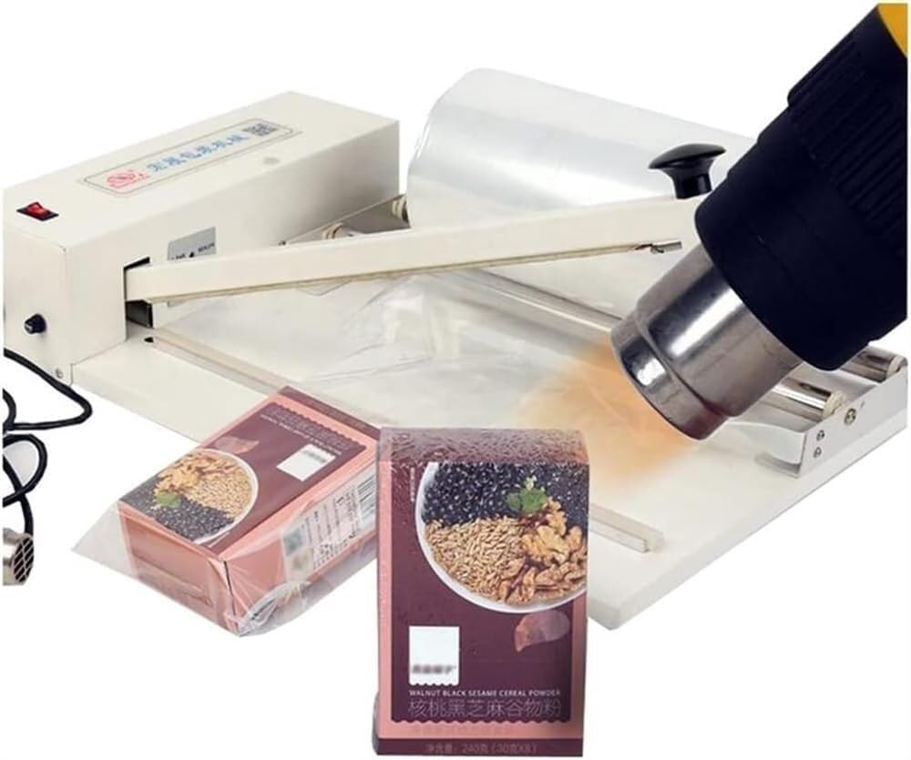 Handheld shrink wrap heat gun, machine with, sealer seals simultaneously