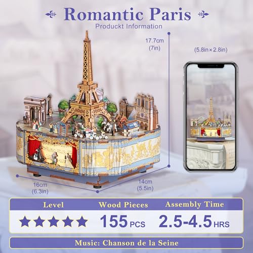 Image of Tonecheer Wooden Music Box Kit, DIY 3D Puzzle Rotating Music Box Kit Creative Musical Puzzles Crafts Model Building Kits Desk Decor Birthday Holiday Gift (Romantic Paris)