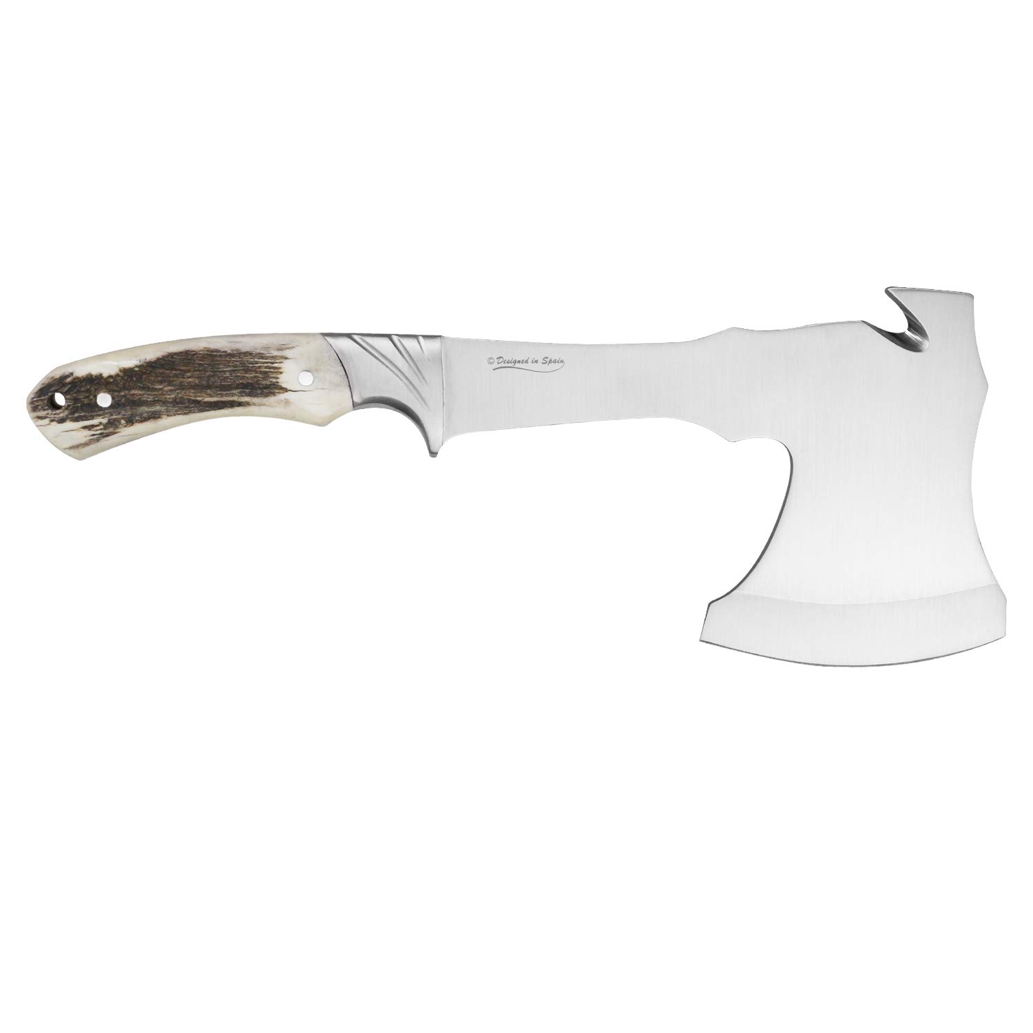 iFIELD Ascia di Sopravvivenza EL29003, Lama in Acciaio Inossidabile 17cm, Dimensione Totale 29,5cm, con Fodero in Pelle, Manico in Corno di Cervo, da Campeggio per la Pesca, Caccia, attività Sportive