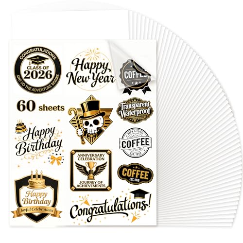 Joyclub Sublimation Sticker Paper, 60 Sheets 8.5x11 Glossy Transparent Waterproof Sticker Paper Vinyl for Sublimation Inkjet Printer and Heat Press, H