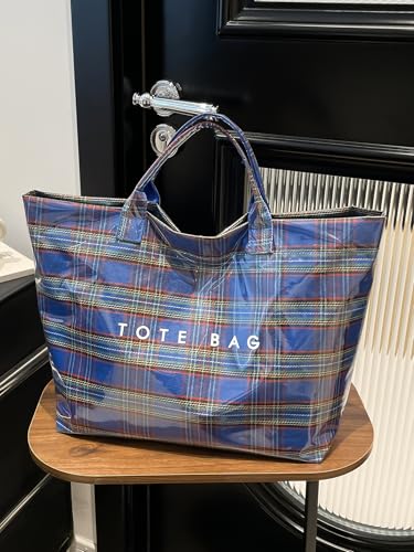 Image of PVC Tote Bag for Women Large Tote Purse Kraft Paper Letter Print Hobo Handbags for Work Beach Shopping Travel