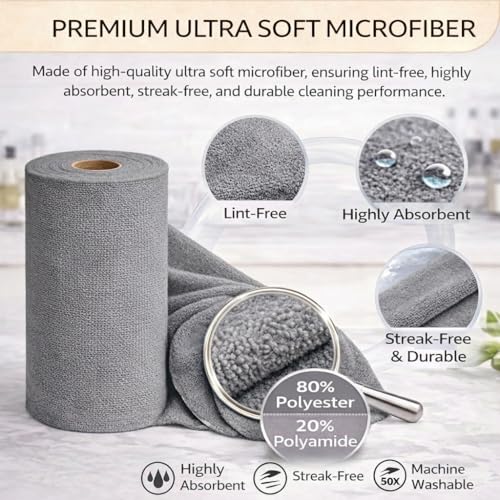 Image of Microfiber Cleaning Cloth Roll 25x25 cm, Reusable and Washable Tear-Away Kitchen Towel Roll, Very Soft Cleaning Cloths for Home, Kitchen, Office, Electronics, Car Cleaning (Grey, 20 Pack)