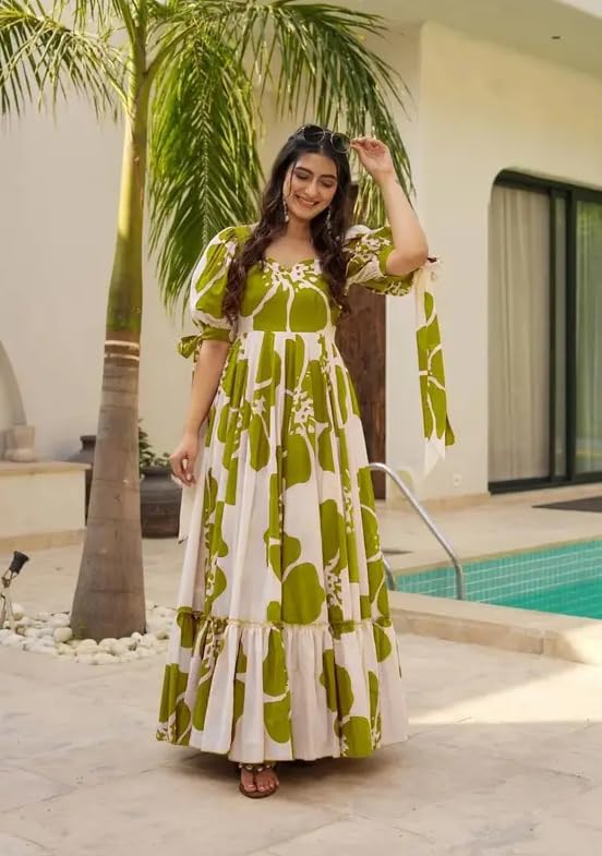 Image of Women Floral Printed Tiered Maxi Dress with Puff Sleeves, Empire Waist, Tie-Up Detail, Flared Long Dress for Casual Wear, Summer Outings, Vacation & Resort Wear - Causal Gown for Women