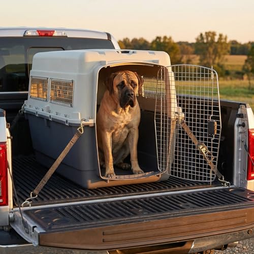 Image of SportPet Airline Compliant XXX-LARGE 48 inch Travel Dog Kennel-Durable Plastic Airline Pet Carrier w /Removable Wheels & Food Bowls, Collapsible Indoor /Outdoor Dog Kennel, Dogs up to 44 inchL & 33 inchH-Cream /Gray