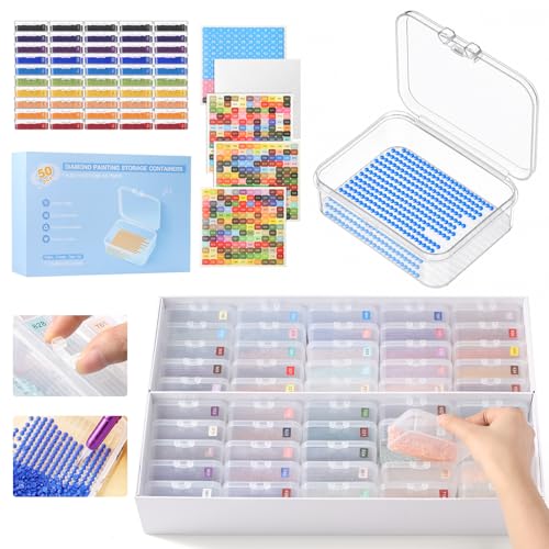 PauxBird 50PCS Diamond Painting Storage Containers with Lids 2-in-1 Line-Up Tray