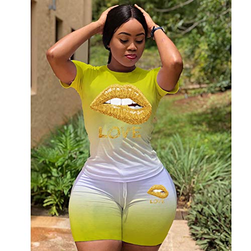 Yeshire Women's 2 Piece Outfits Camo Printed T-Shirts Tops And Shorts Set Sportswear Joggers Casual Tracksuits Rompers Small Yellow Lips #TOP2