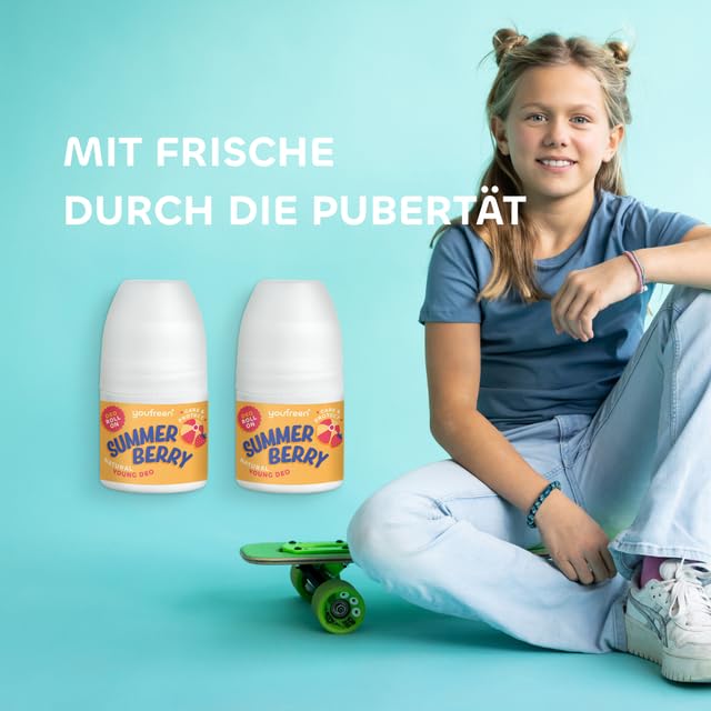 youfreen Happy-Routine-Set: Duschgel (2x200ml) und Deodorant (2x50ml) für Kinder & Teens/Deo für Kinder/Bio-Aloe-Vera/Deoroller (summer berry)