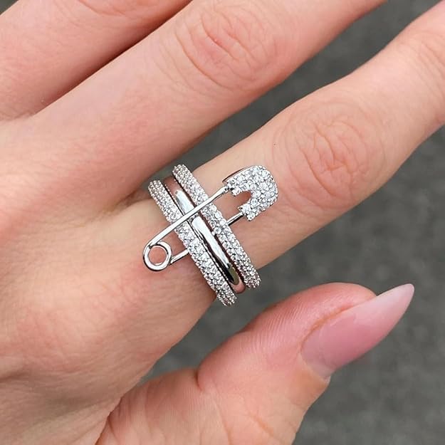 Thumb Rings for Women, Safety Pin Ring Set, 18K Gold Plated Rings, Silver Cz Cubic Zirconia Rings, Rose Gold Ring for Her, Hypoallergenic Stackable Rings, Ring Size 5-10 - Image 6