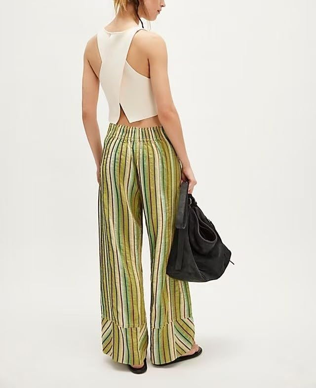 Women's Striped Wide Leg Lounge Pants Boho Elastic Waist Loose Casual Trousers with Pockets3