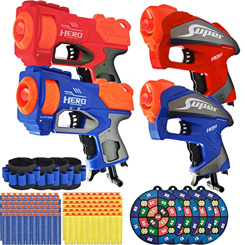 4 Packs Toy Gun for Nerf Guns w/ Nerf Bullets, SupAI for Nerf Pistol w/ 120 Refill Darts, 4 Wristband & 4 Target for Nerf Guns, Foam Blasters Nerf Guns for Boys, Kids Toys for 4 5 6 7 Years Old Boys