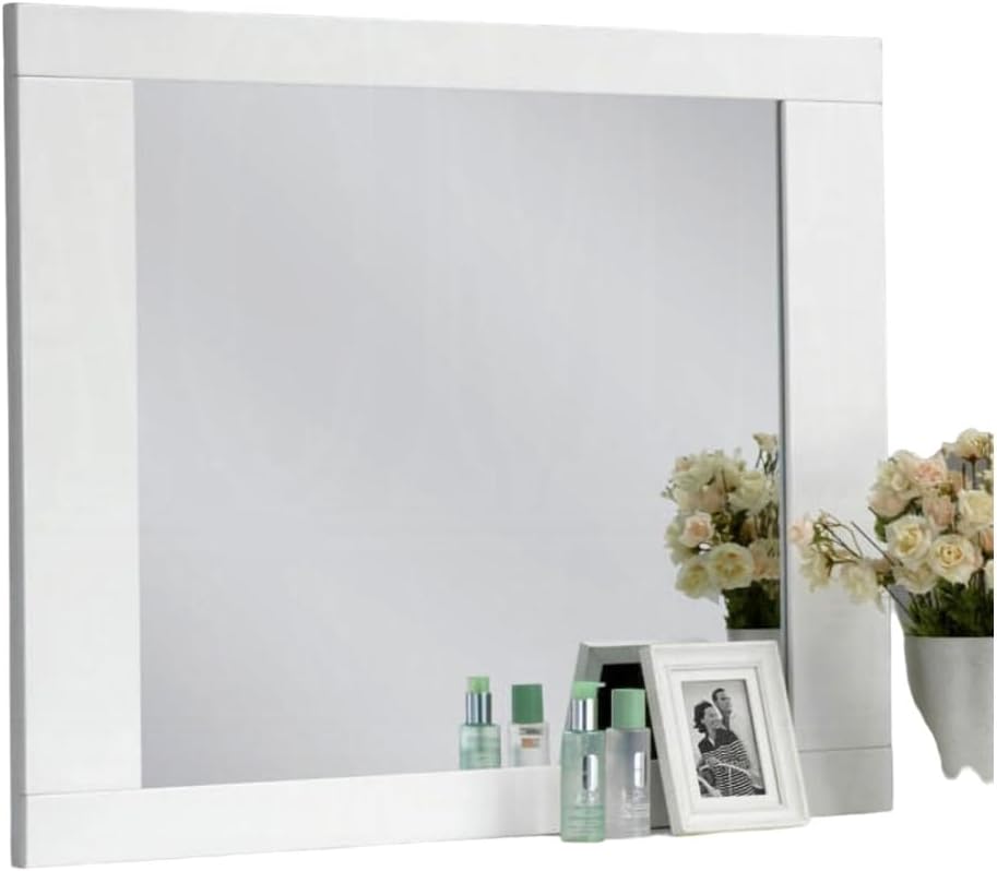 HomeStock Artisanal Artistry Rectangular Wooden Mirror in White, Bedroom Furniture, Straight Angular Lines, Beveled Edge Frame, 1.38 x 46.46 x 37.4 inches