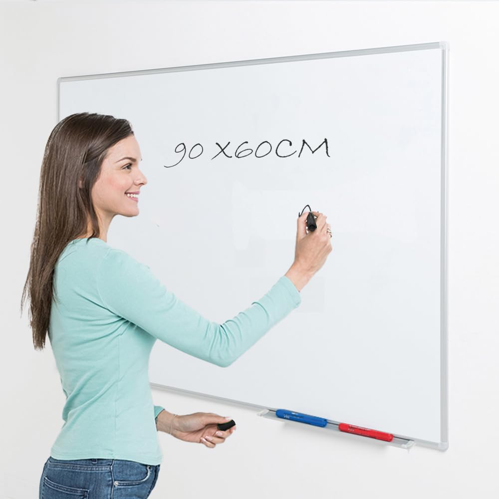 Wonderwall Budget Magnetic Dry-Wipe Whiteboard, 900 x 600 mm, Aluminium Frame, Pen Tray, Fixings Included - Ideal for Office, School, Utility Areas,