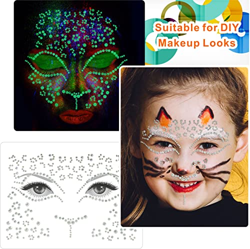 Noctilucent Face Jewels Temporary Tattoo-Luminous Face Gems Rhinestone Stickers Glow In Dark, Halloween, Rave Festival, Party Dress-Up, Skeletons, Spiderwebs, Butterfly, Cat Costume Accessories(4Sets) #TOP2