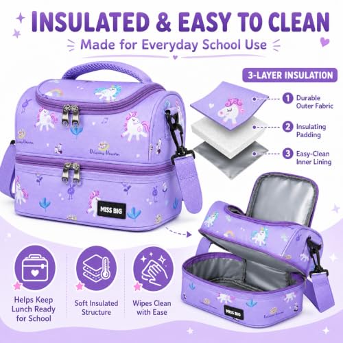 MISS BIG Kids Lunch Bag for Girls, Unicorn Insulated Lunch Bag with Two-Tier Storage, Adjustable Shoulder Strap, Lunch Box Bag for Kids, School, Daycare, Picnic, Travel — view 5