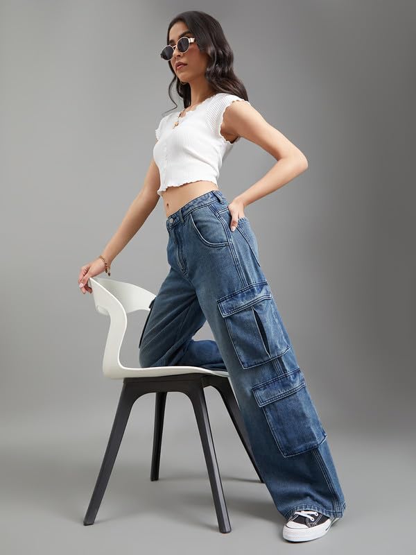 Image of GO COLORS Mostlysane Collection Denim Cargo Pant for Women | Breathable, Mid Rise, 8 Pockets