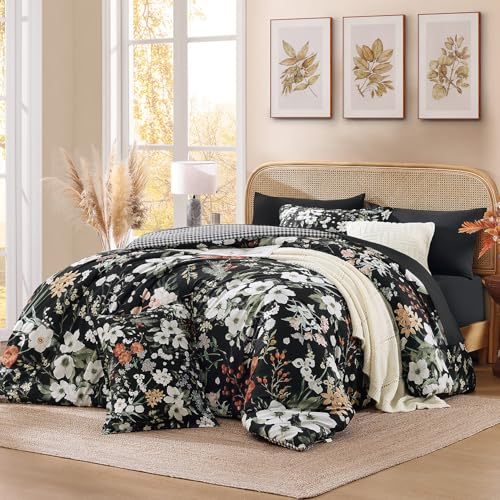 Image of Andency Queen Size 7 Piece Reversible Bed in a Bag - Botanical Floral & Gingham Comforter Set, Farmhouse Vintage Rustic Comforter,Black