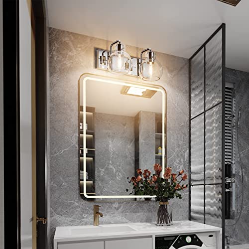 Image of Tipace Chrome Vintage Bathroom Vanity Light,2 Lights Modern Stainless Steel with Globe Clear Glass Bathroom Light Fixtures Industrial Wall Mount Lighting Sconce(Exclude Bulb)