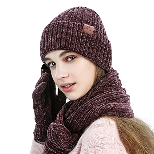 Winter 3 in 1 Scarf Hat Glove Set for Men Women Knitted Beanie Hat Jacquard Solid Color Scarf Touch Screen Gloves