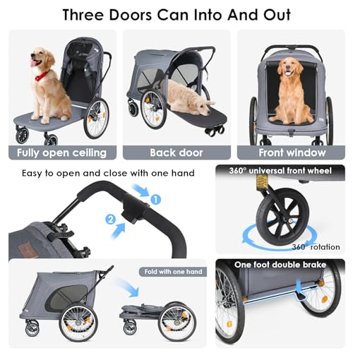 Image of R8 Pro Extra Large Foldable Pet Stroller, Dog Stroller & Pet Trailer for Large Dogs Under 100 lbs, Unmovable, Disabled & Pregnant Dogs - Conveniently Carriable by Bike and Car, Grey