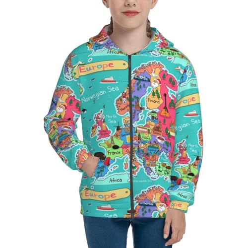 Cartoon Map Of Europe Kids Pullover Hoodies Boys Zip Up Sweatshirts Girls Athletic Clothes with Pocket3