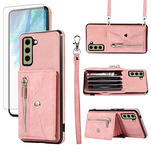 Étui Samsung S21 FE 5G en cuir rose avec porte-carte et dragonne