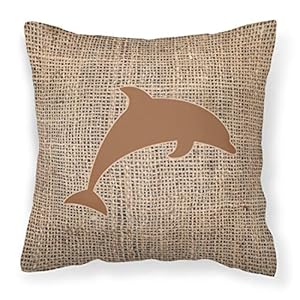 Caroline’s Treasures BB1025-BL-BN-PW1818 Dolphin Burlap and Brown BB1025 Fabric Decorative Pillow Machine Washable, Indoor Outdoor Decorative Pillow for Couch, Bed or Patio, 18Hx18W