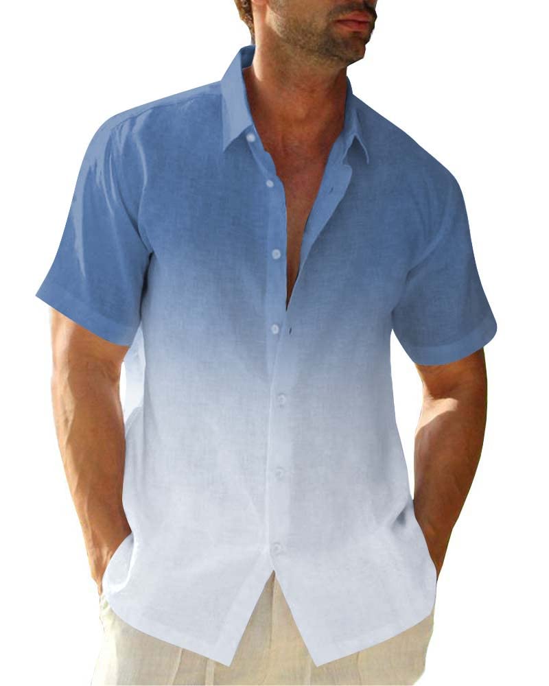 Beotyshow Hemd Herren Gradient Kurzarmhemd Männer Leinenhemden Baumwolle Hawaii Hemden Button Down T-Shirts Freizeithemd Sommer Strand Tops