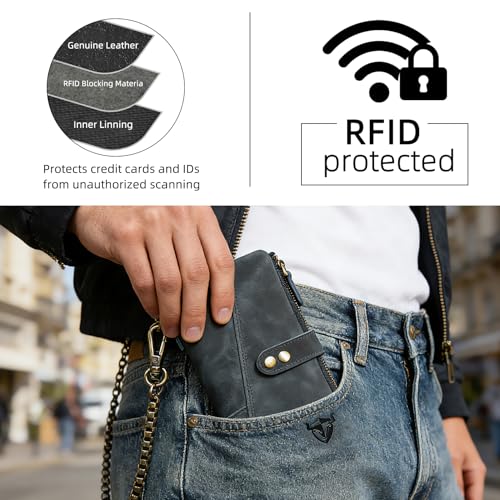 Image of Genuine Crazy Horse Leather Travel Gift Coin Pocket Card Case Long Organizer Chain Rfid Wallet Purse With Snap For Men Male 1803 1815 (1803 The Blue)