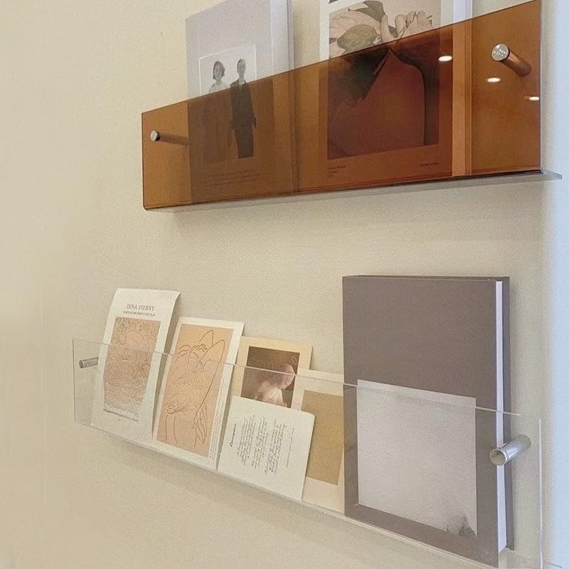 透明アクリル壁掛けマガジンラック 2 個セット レコード本棚 書類パンフレットスタンド ウォールラックMumuElf (80cm,B